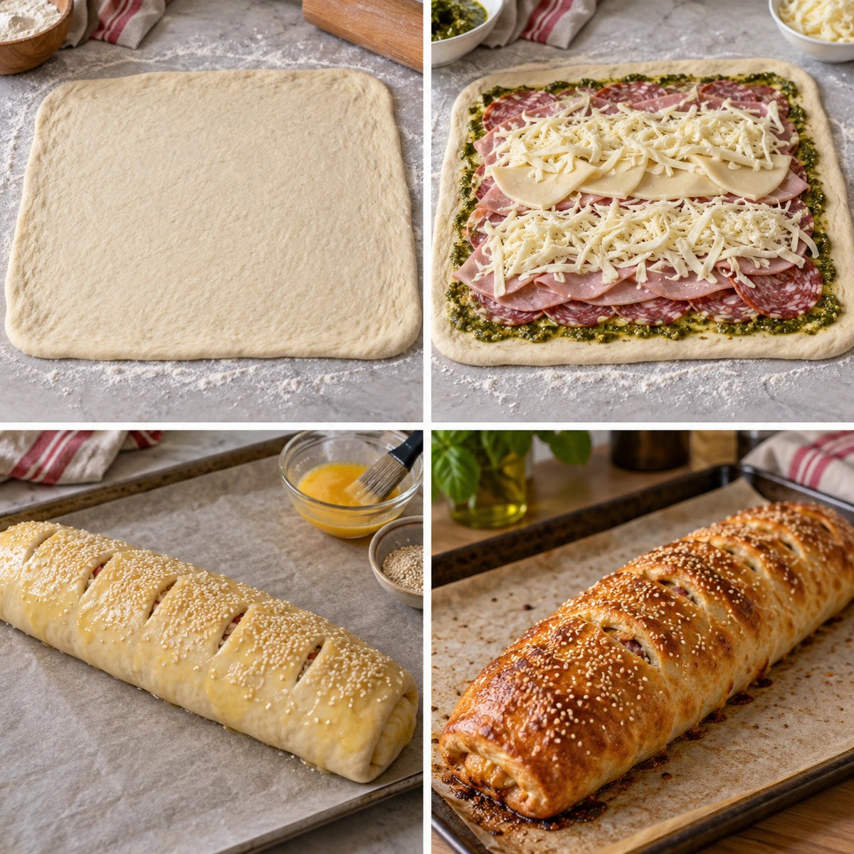 Four chronological preparation stages for Easy Stuffed Pizza Roll