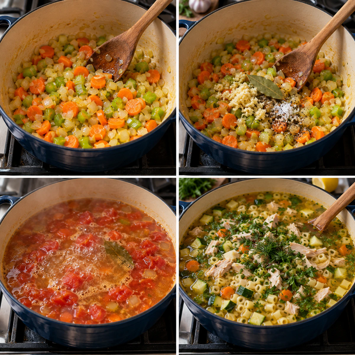 Four chronological preparation stages for Easy Turkey Soup Magic
