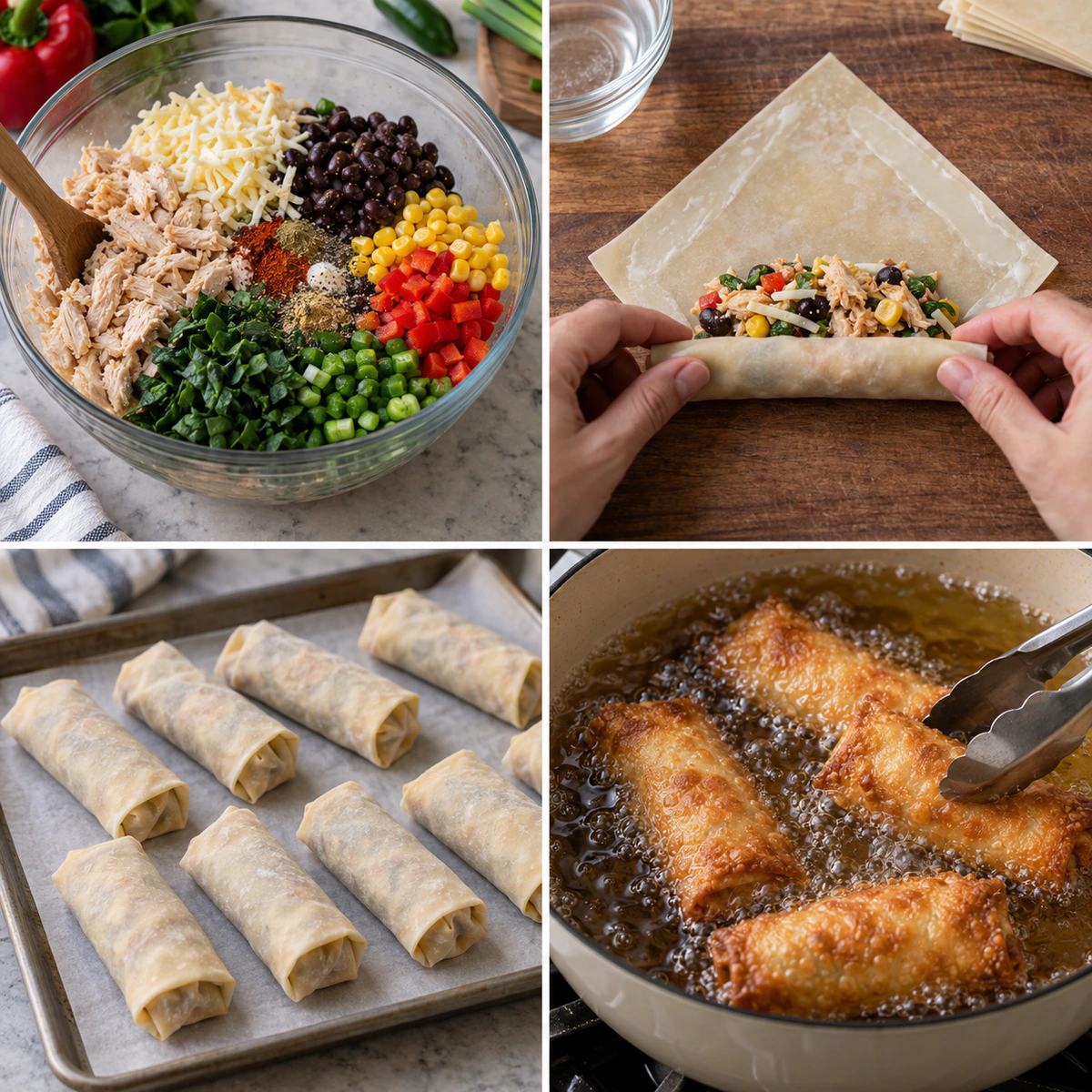 Four chronological preparation stages for Spicy Chicken Egg Rolls