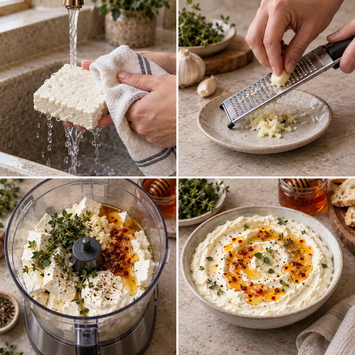 Four chronological preparation stages for Creamy Spicy Feta Dip
