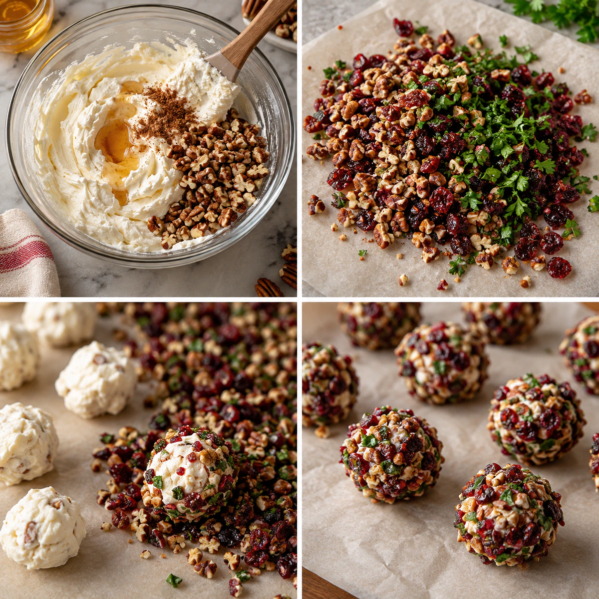 Four chronological preparation stages for Sweet Nutty Cheese Bites