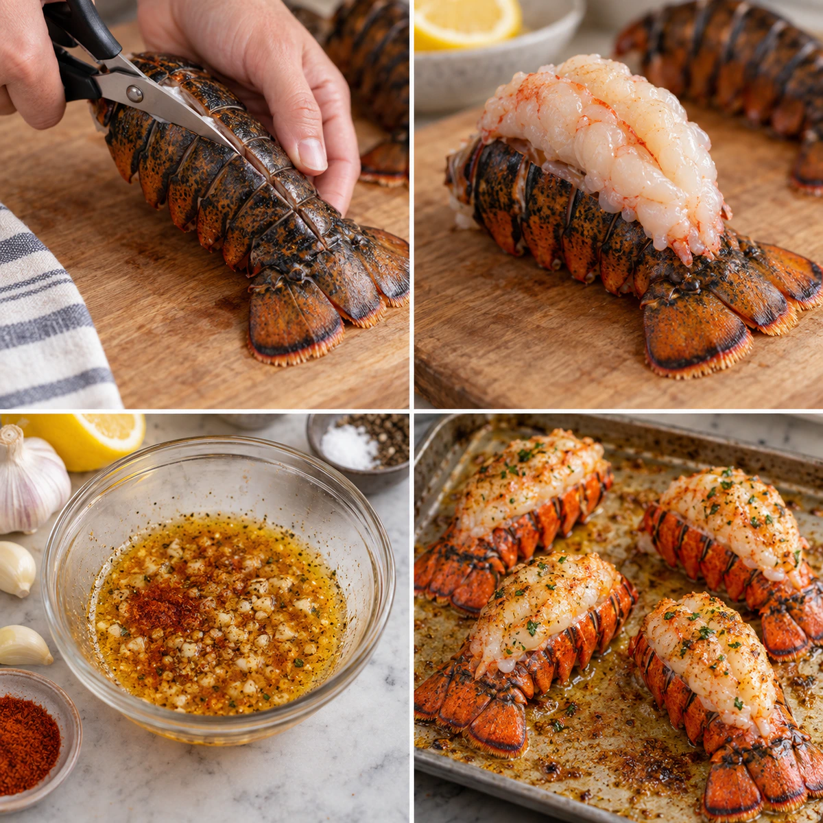 Four chronological preparation stages for Easy Garlic Lobster Tails