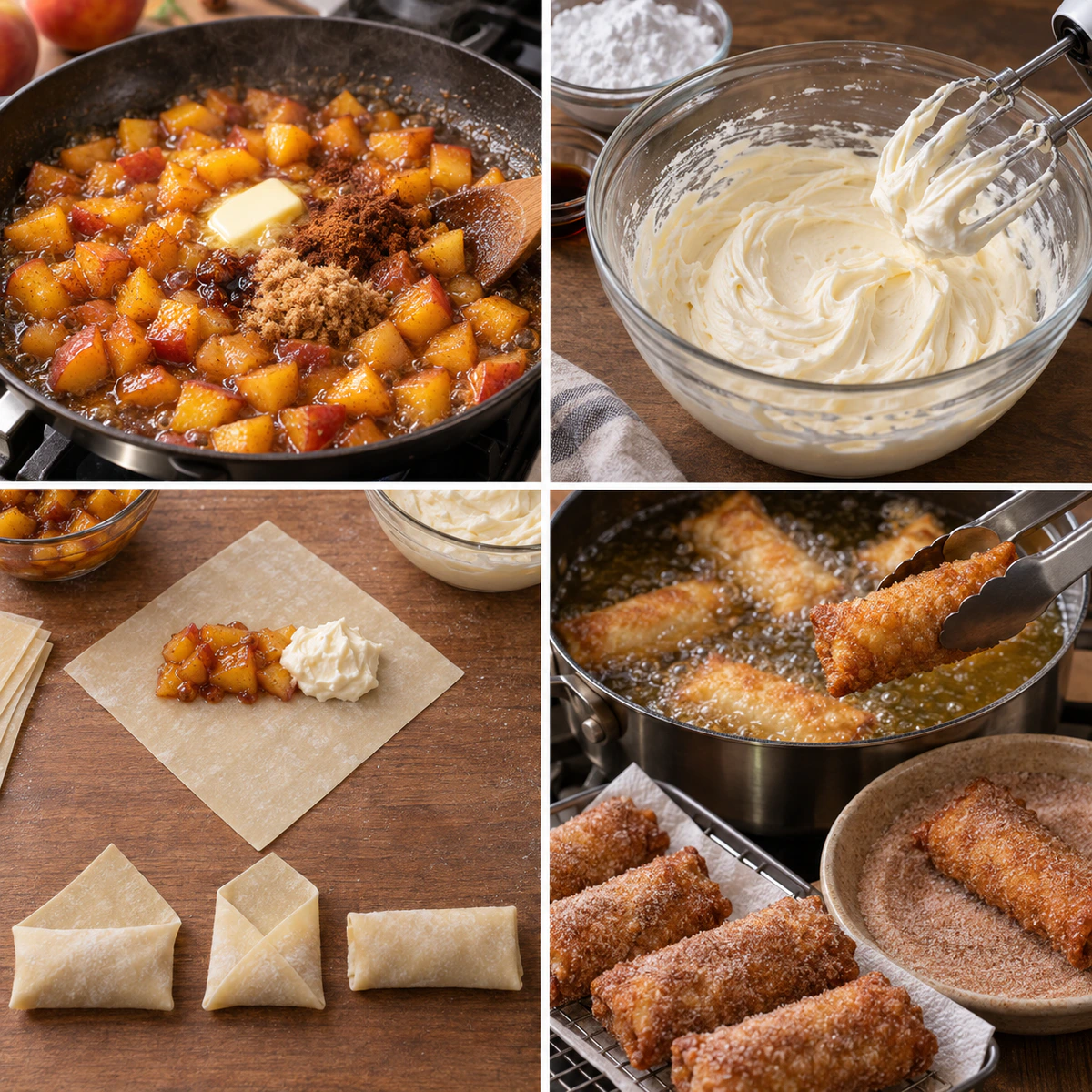 Four chronological preparation stages for Sweet Stuffed Egg Rolls