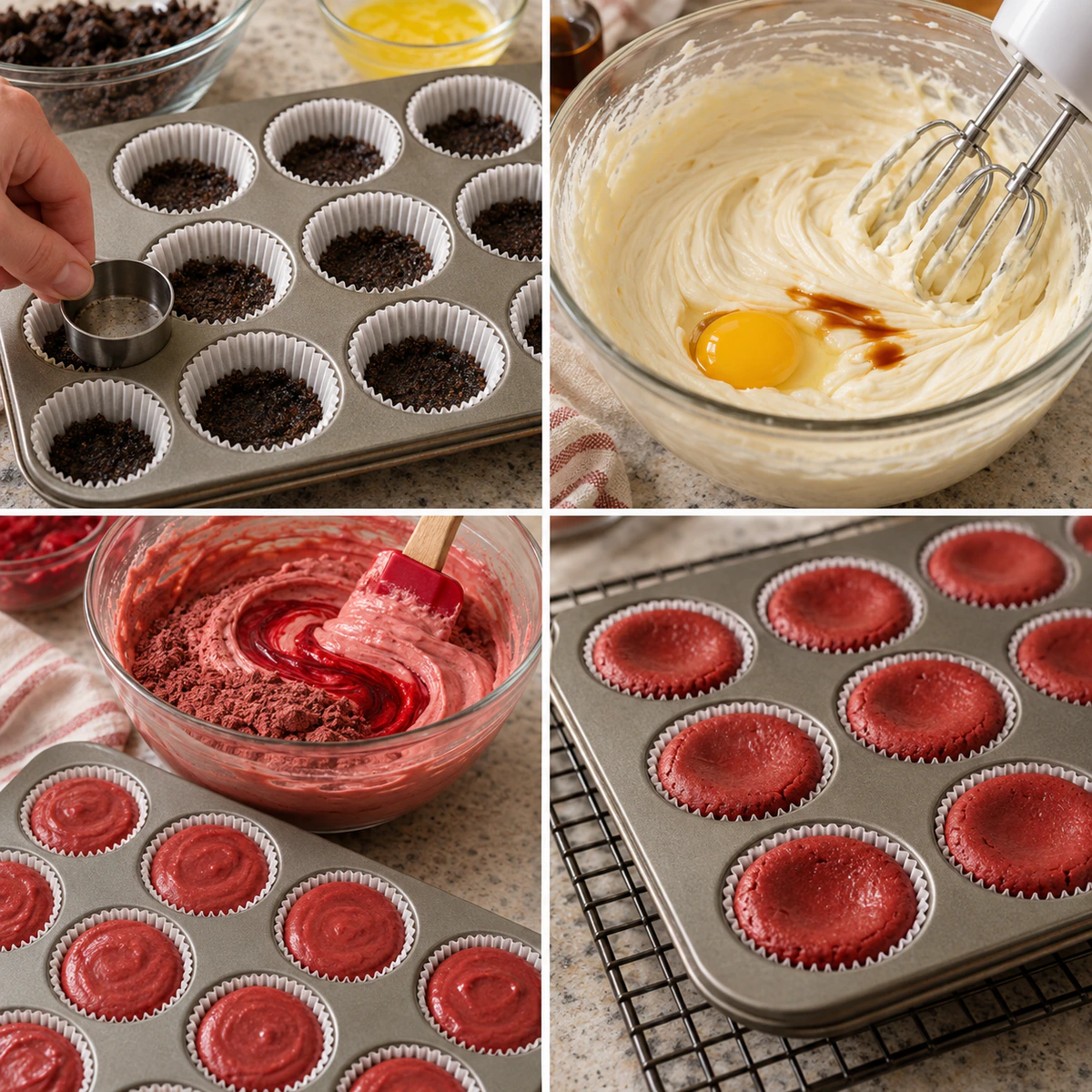 Four chronological preparation stages for Sweet Red Velvet Bites