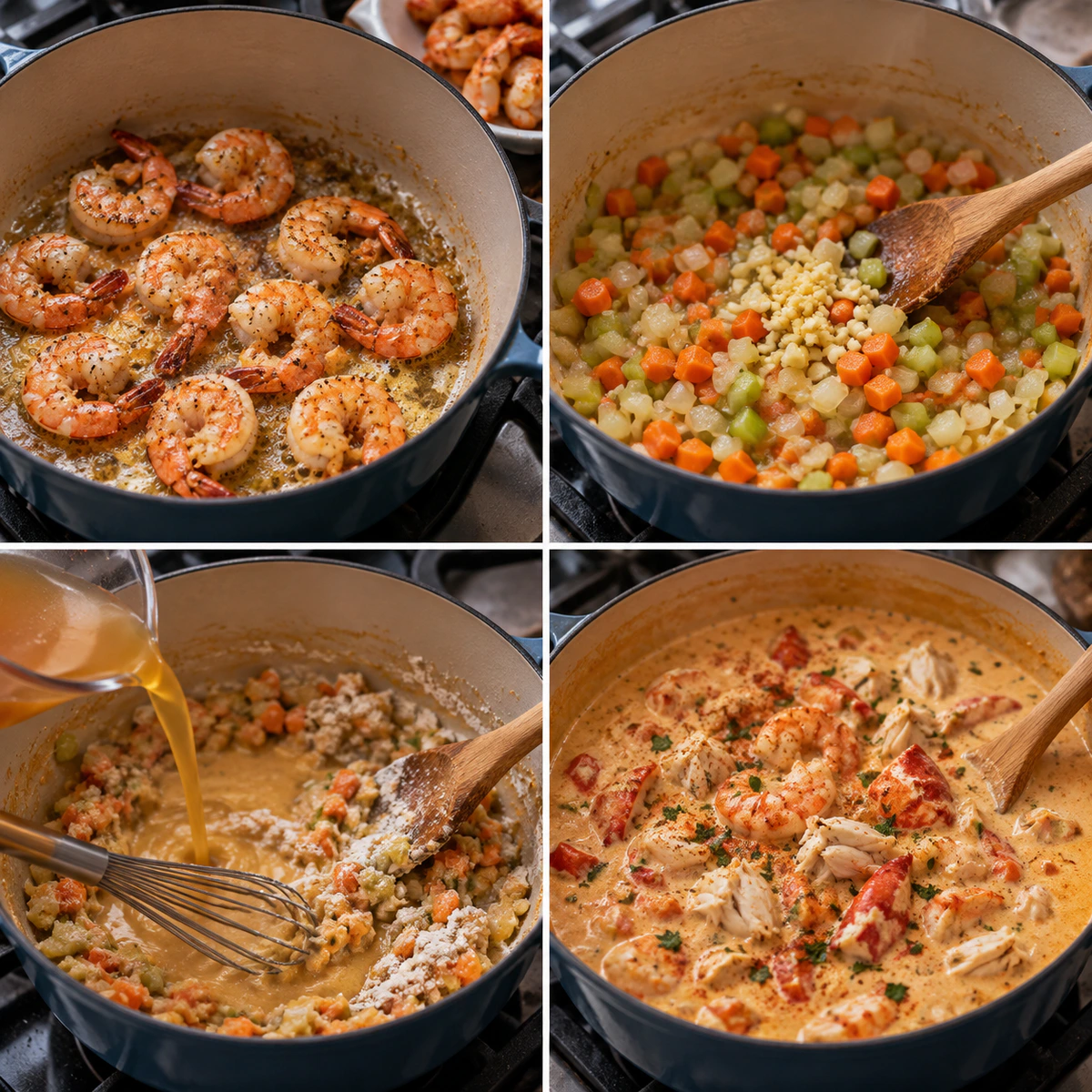 Four chronological preparation stages for Rich Seafood Bisque Bowl