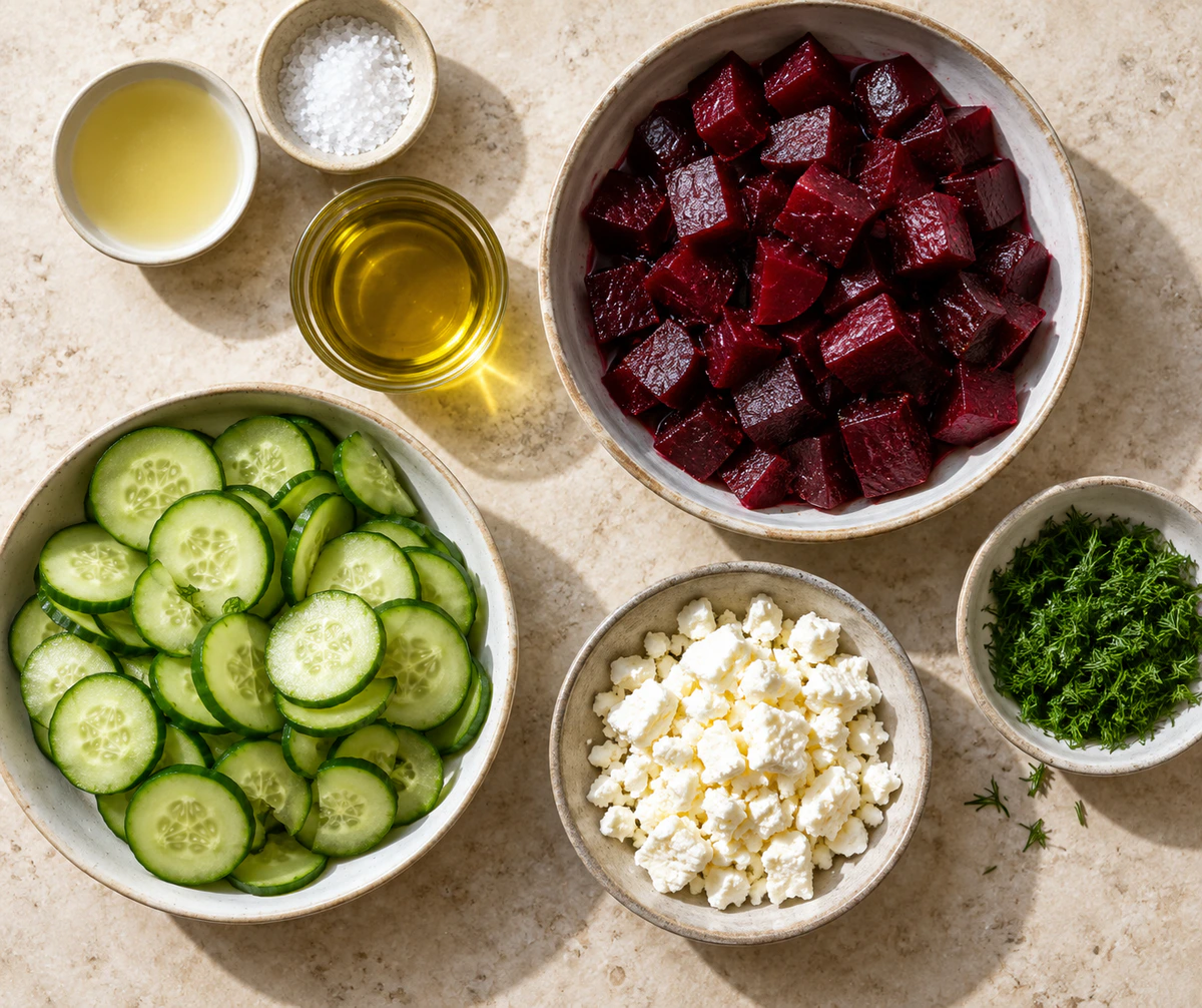 Exact measured ingredients for Fresh Beet Feta Salad