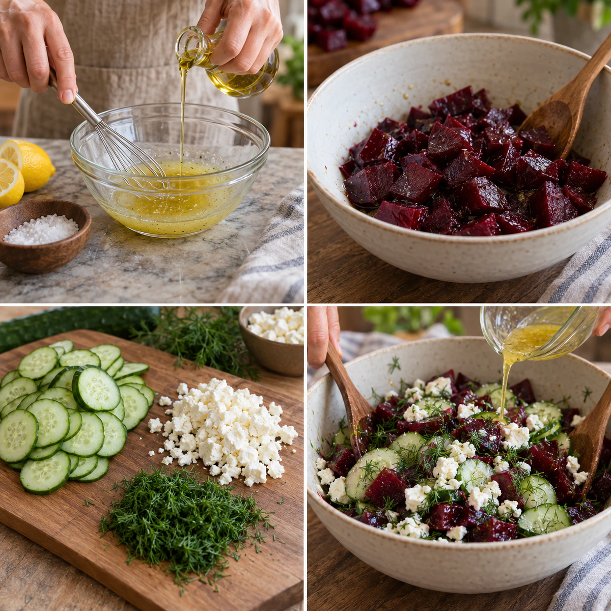 Four chronological preparation stages for Fresh Beet Feta Salad