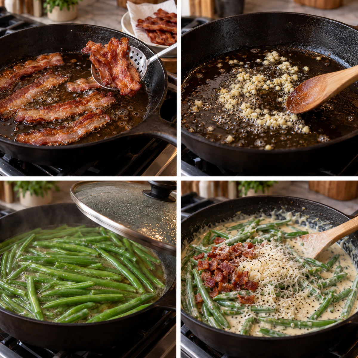 Four chronological preparation stages for Creamy Bean Bacon Delight