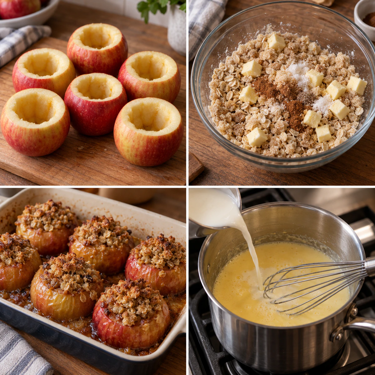 Four chronological preparation stages for Sweet Stuffed Apple Treat