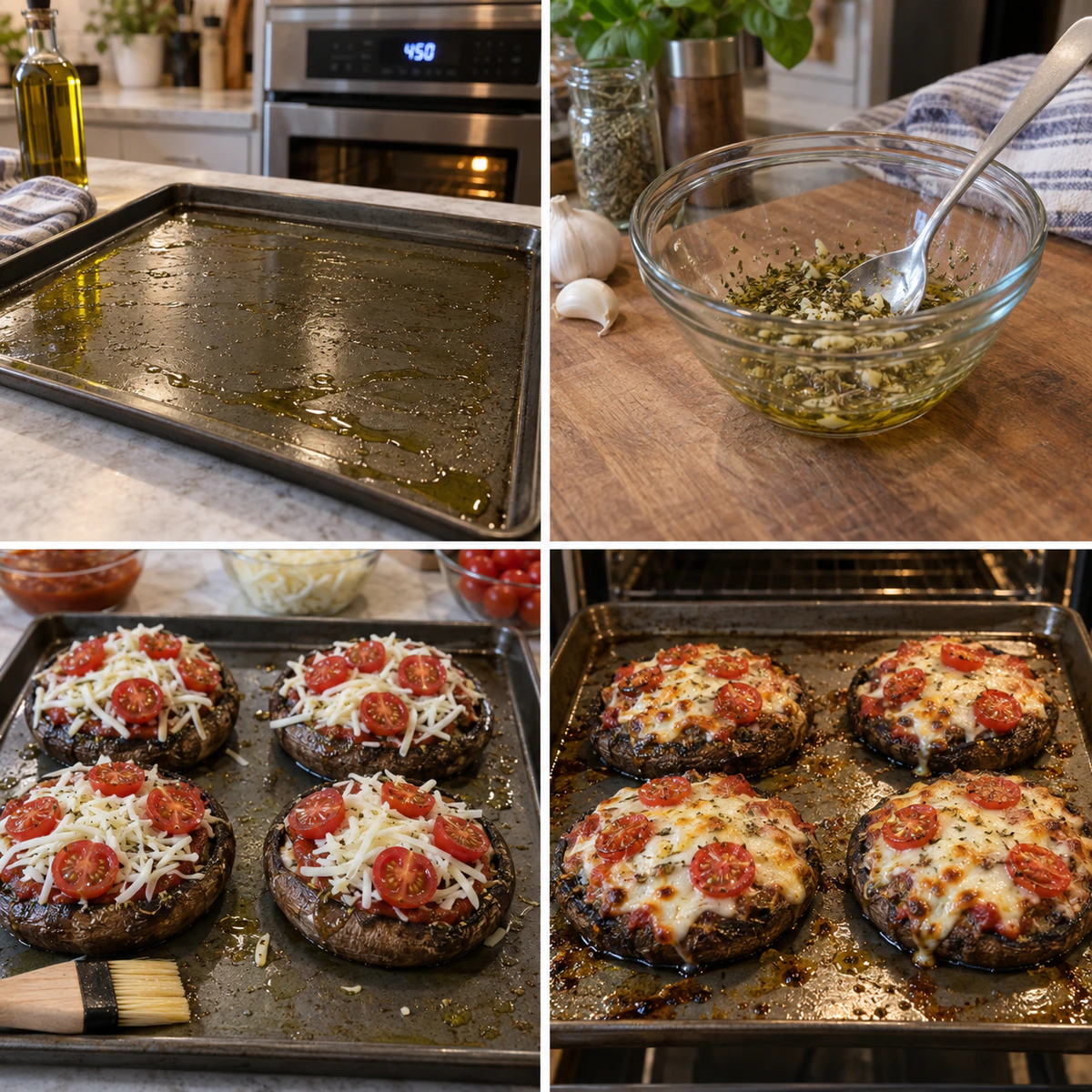 Four chronological preparation stages for Quick Mushroom Pizza Bites