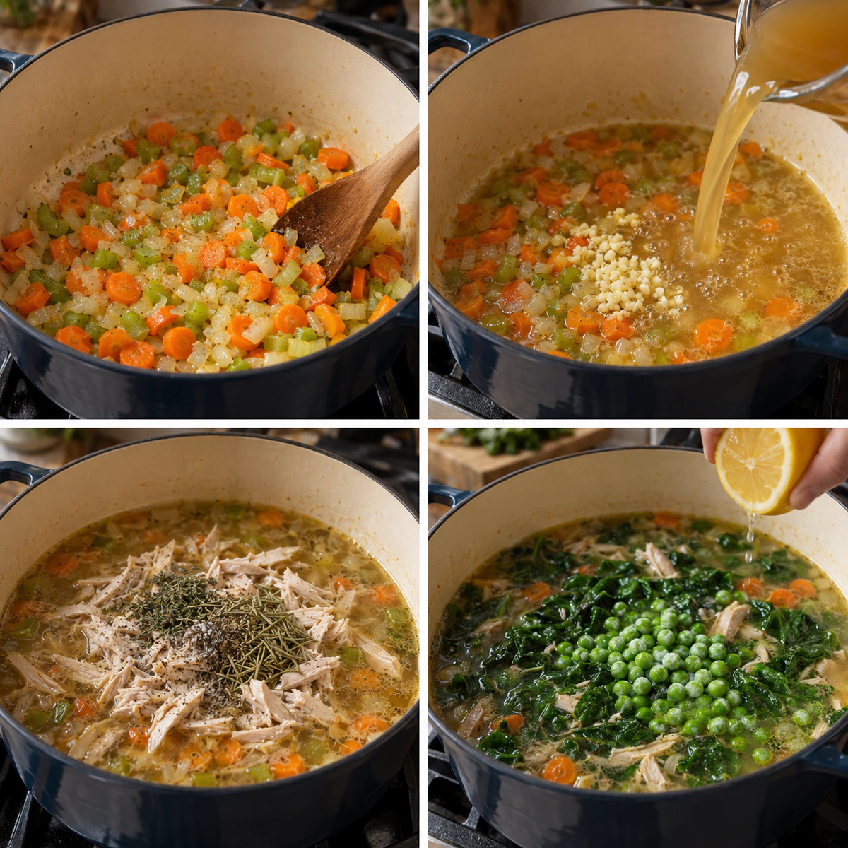 Four chronological preparation stages for Hearty Homemade Turkey Soup
