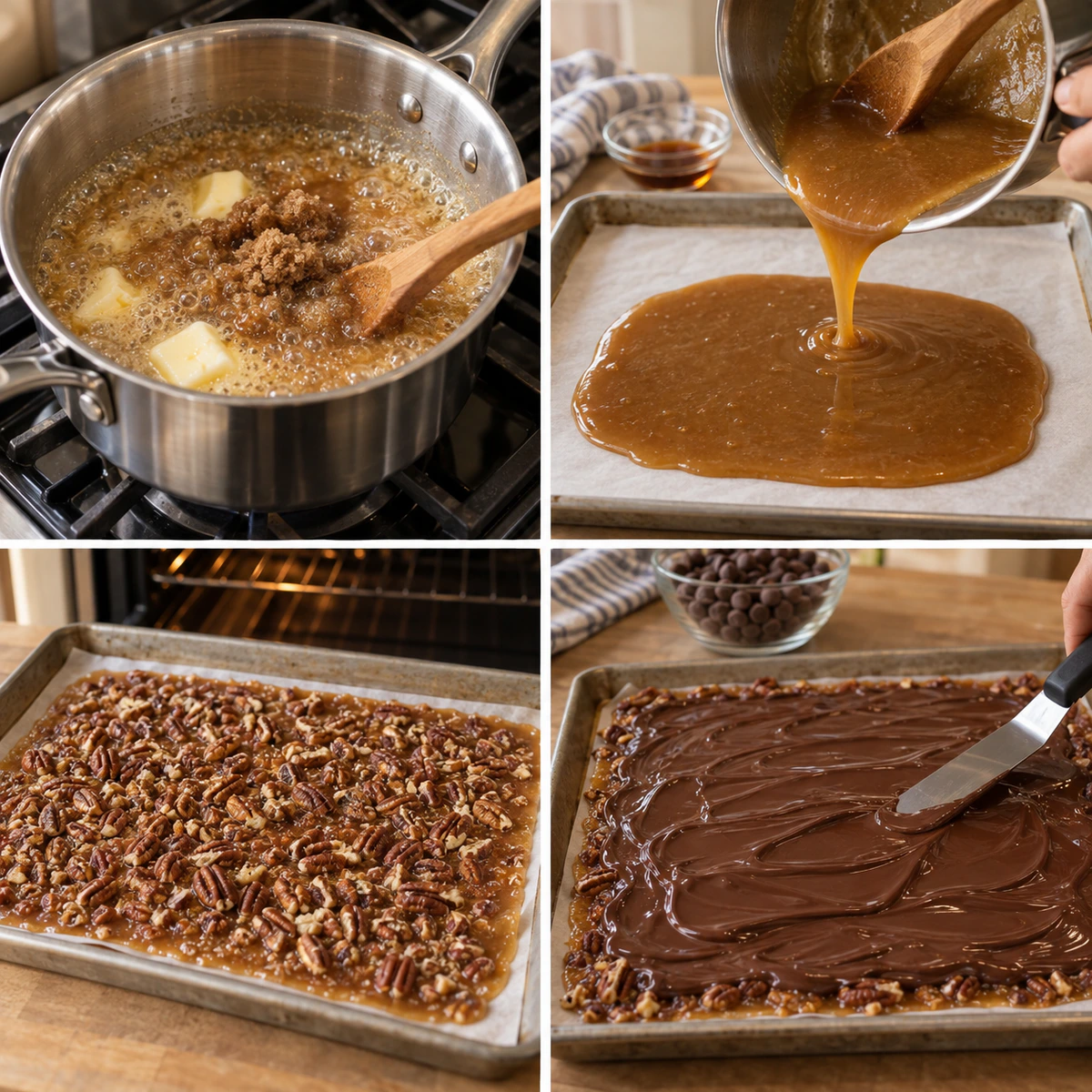 Four chronological preparation stages for Pecan Pie Bark