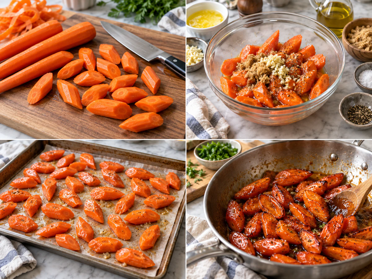 Four chronological preparation stages for Brown Sugar Glazed Carrots