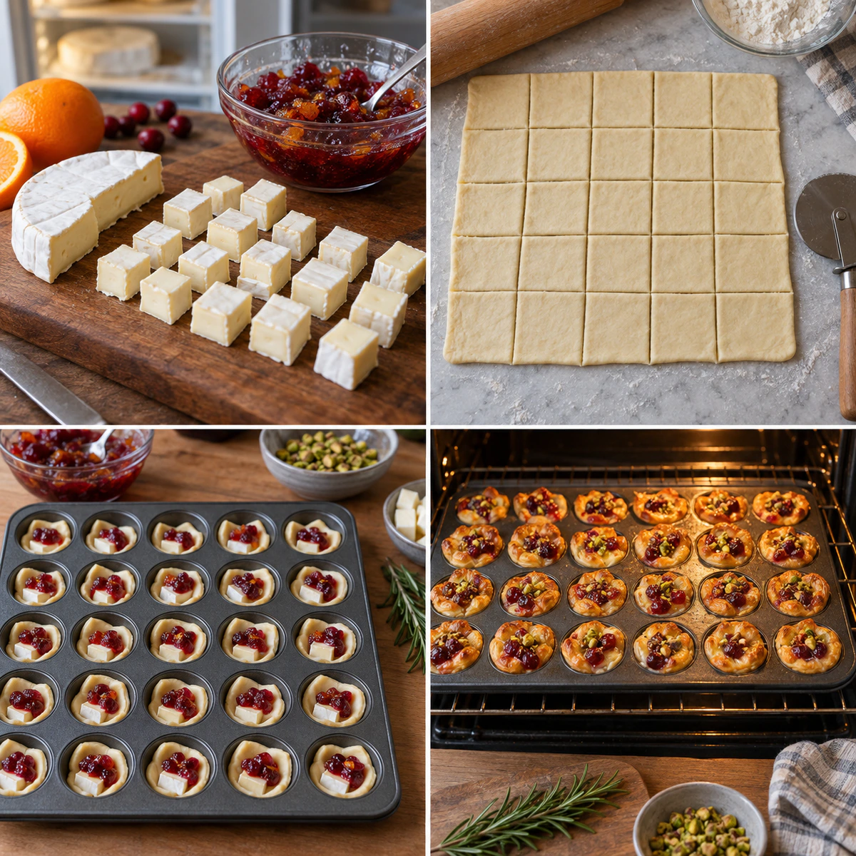 Four chronological preparation stages for Cranberry Brie Bites