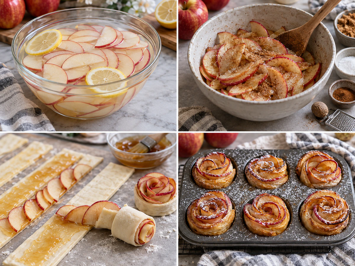 Four chronological preparation stages for Easy Apple Roses