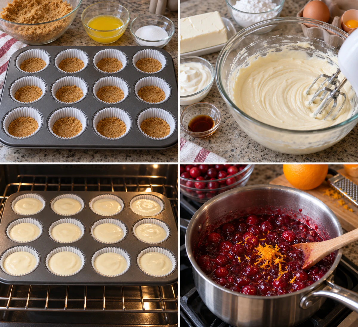 Four chronological preparation stages for Mini Cranberry Cheesecakes