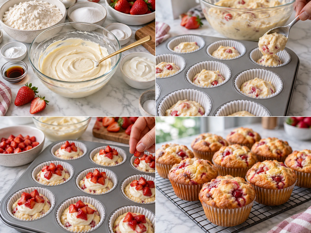 Four chronological preparation stages for Strawberry Cheesecake Stuffed Muffins