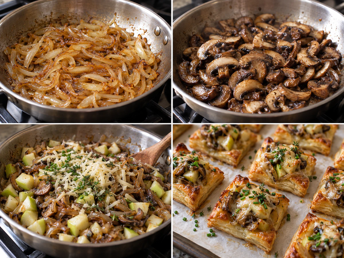 Four chronological preparation stages for Caramelized Onion, Mushroom, Apple & Gruyère Bites