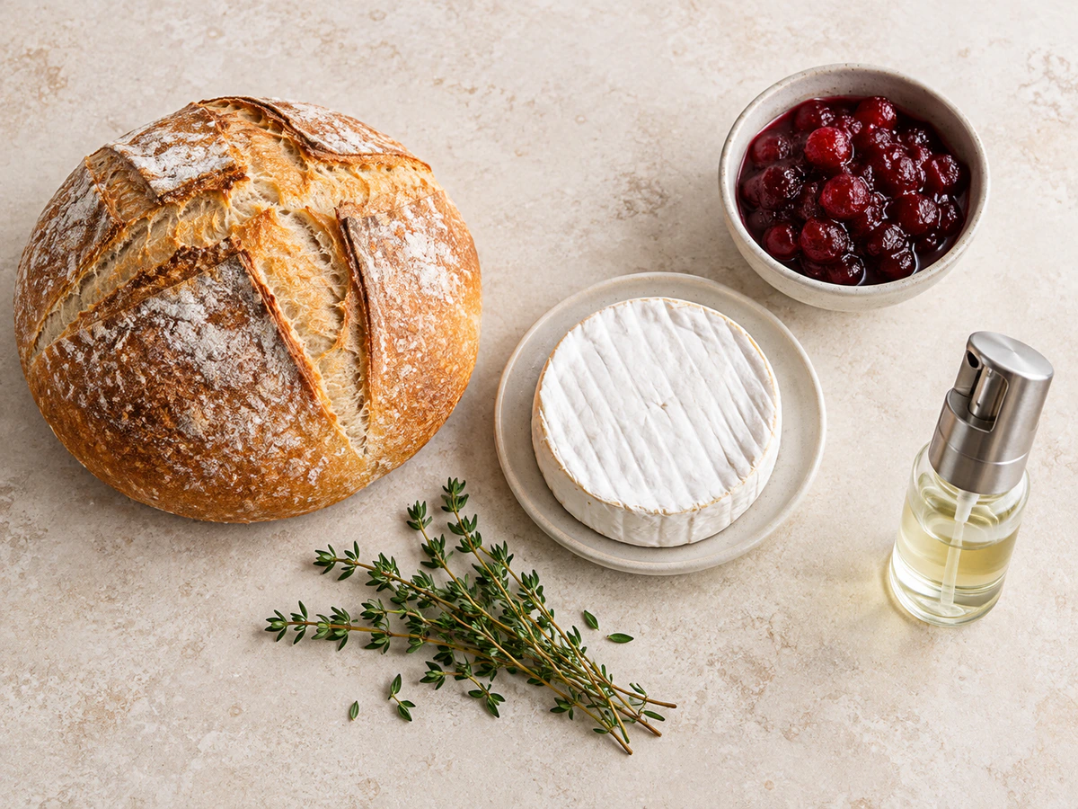 Exact measured ingredients for Cranberry Baked Brie in a Bread Bowl