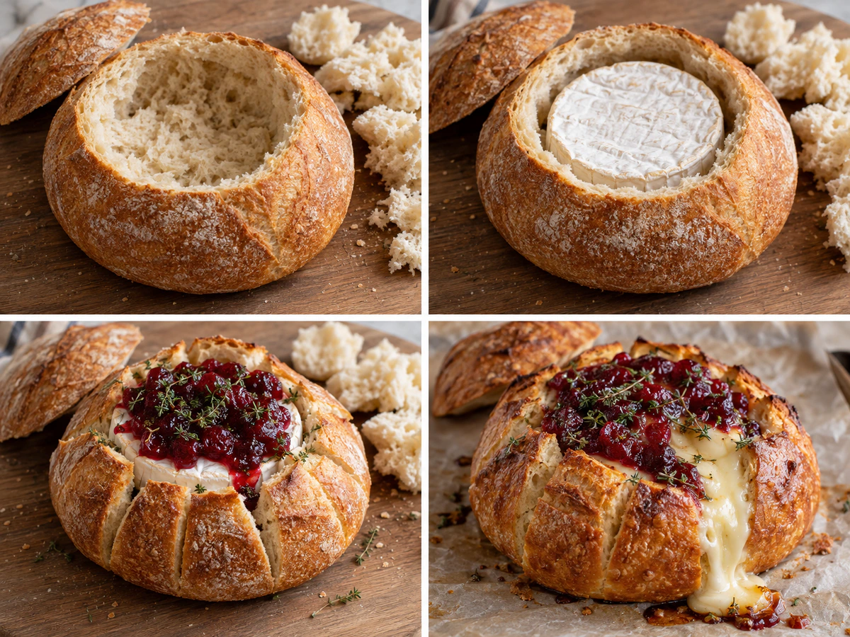 Four chronological preparation stages for Cranberry Baked Brie in a Bread Bowl