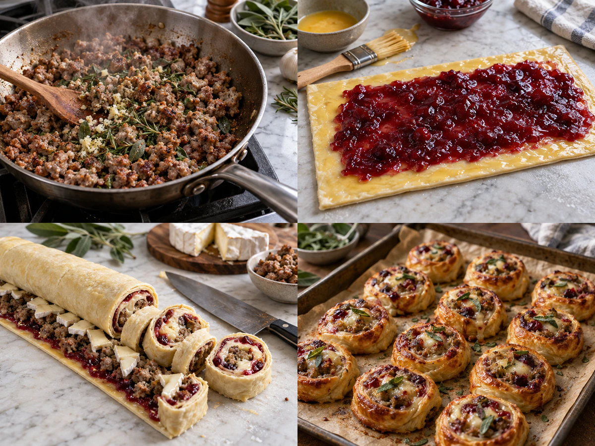 Four chronological preparation stages for Sausage, Cranberry, & Brie Bites