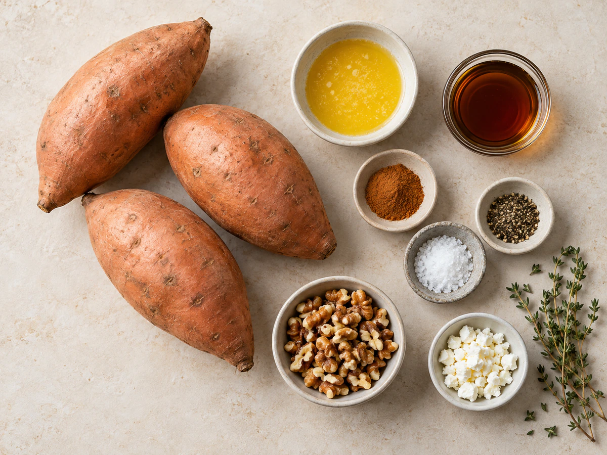 Exact measured ingredients for Cinnamon Maple Roasted Sweet Potatoes with Walnut Topping