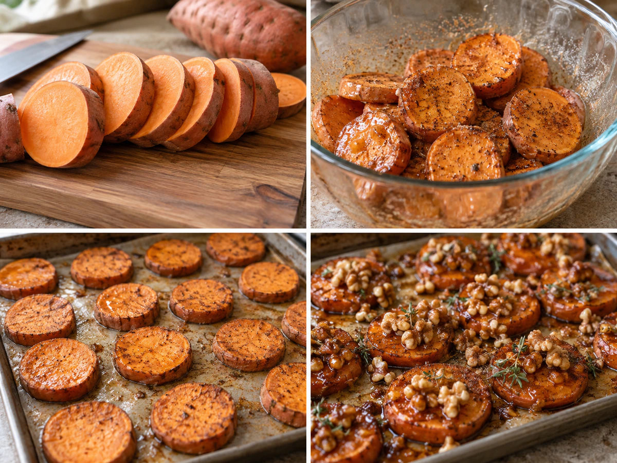 Four chronological preparation stages for Cinnamon Maple Roasted Sweet Potatoes with Walnut Topping