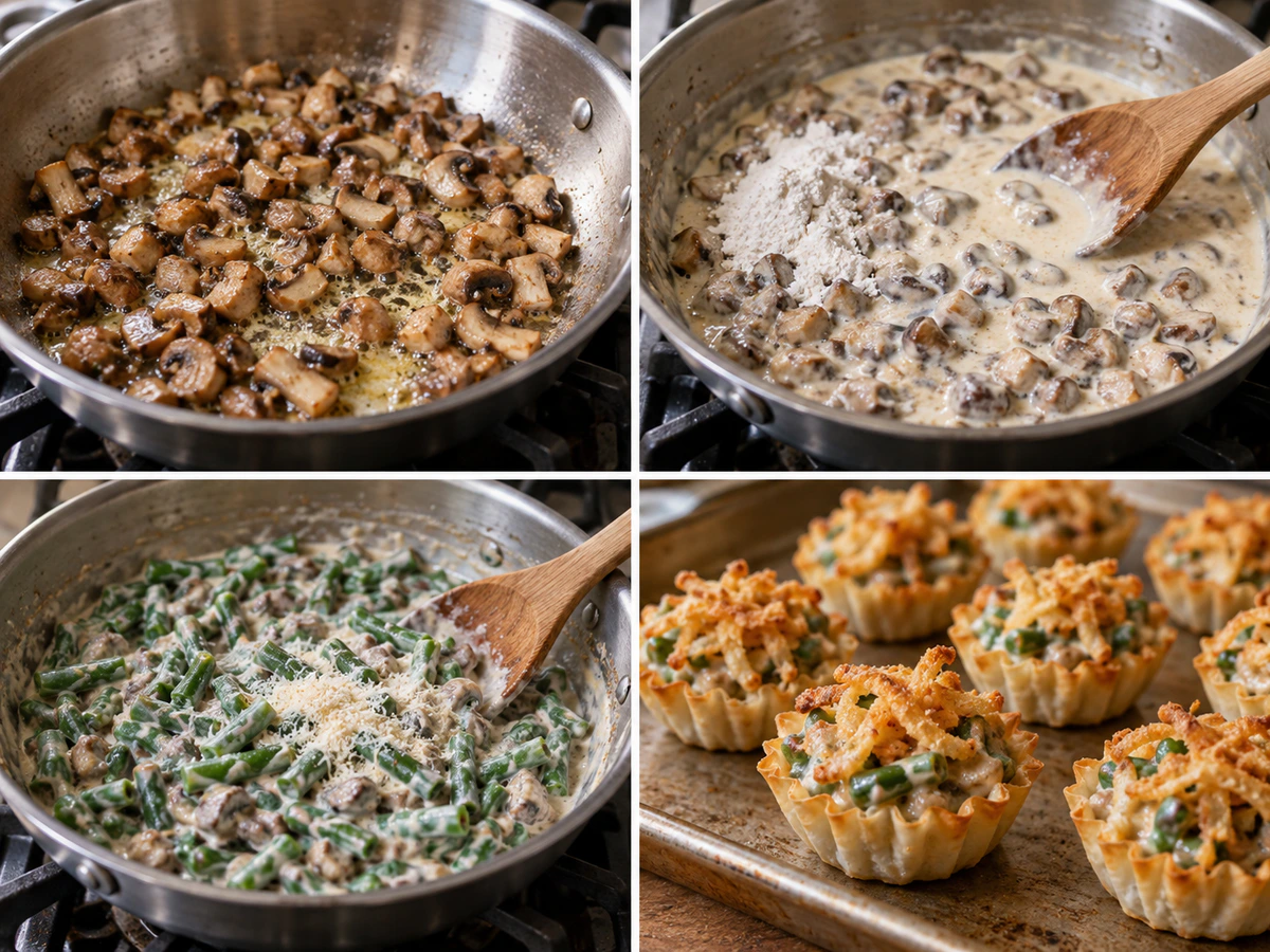 Four chronological preparation stages for Green Bean Casserole Cups