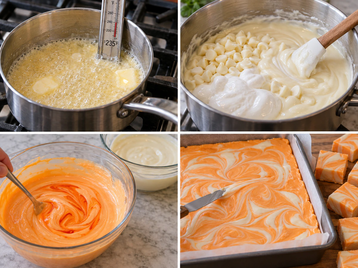 Four chronological preparation stages for Orange Dreamsicle Fudge