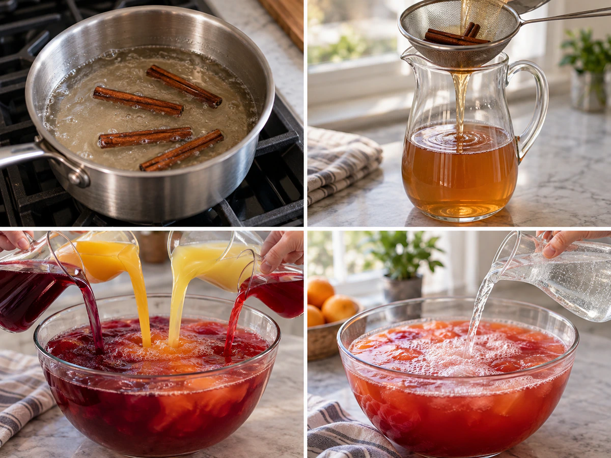 Four chronological preparation stages for Thanksgiving Punch - Cranberry & Orange Bliss
