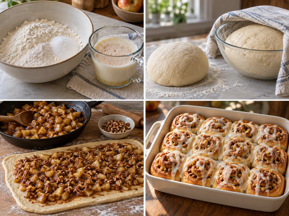 Four chronological preparation stages for Apple Cinnamon Rolls