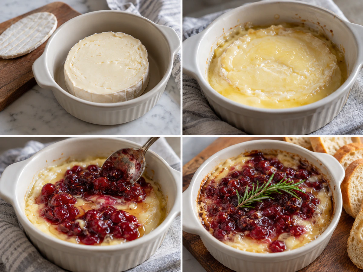 Four chronological preparation stages for Cranberry Brie Dip with Honey & Rosemary