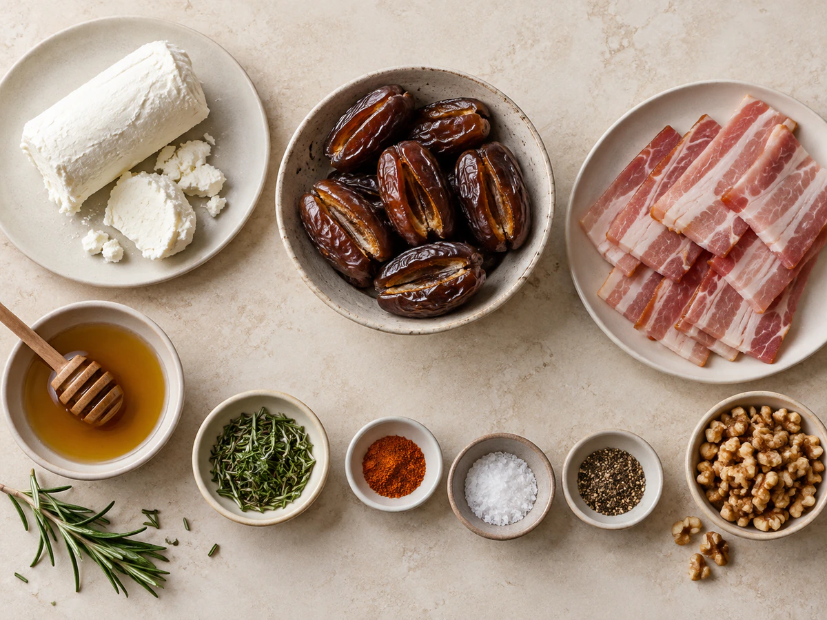 Exact measured ingredients for Goat Cheese Stuffed Bacon-Wrapped Dates with Rosemary Honey