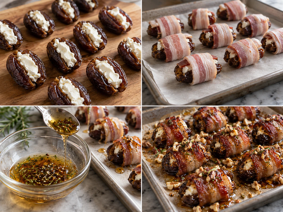 Four chronological preparation stages for Goat Cheese Stuffed Bacon-Wrapped Dates with Rosemary Honey