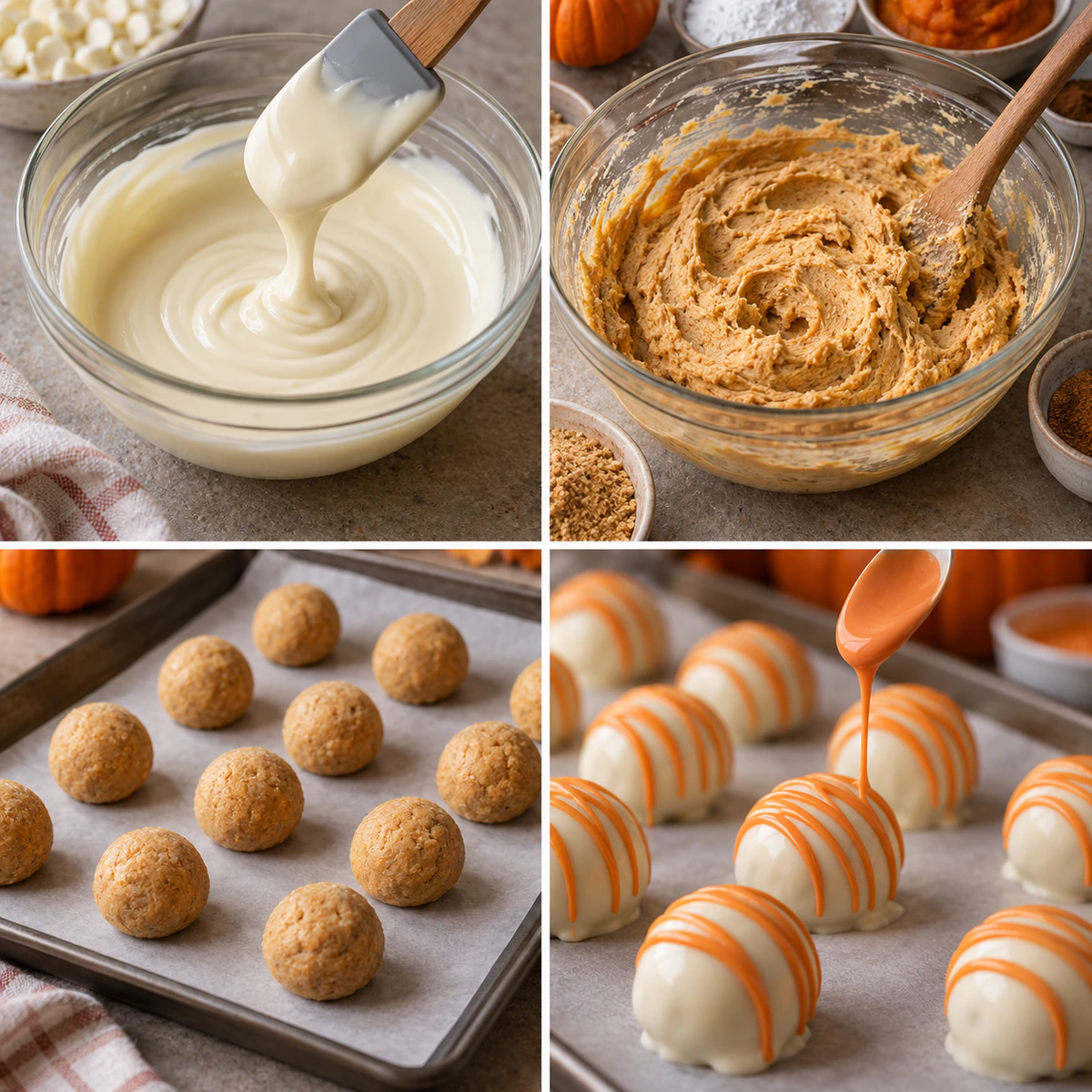 Four chronological preparation stages for No-Bake Pumpkin Cheesecake Balls
