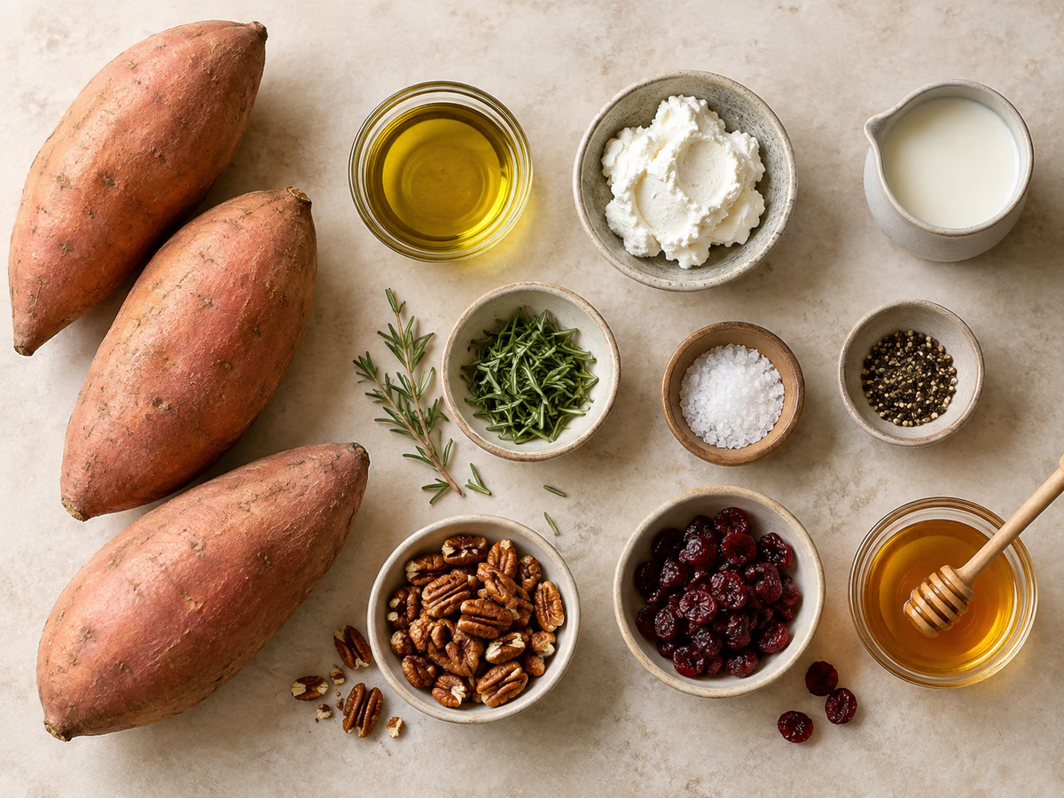 Exact measured ingredients for Roasted Sweet Potato Rounds with Whipped Goat Cheese, Cranberries & Pecans