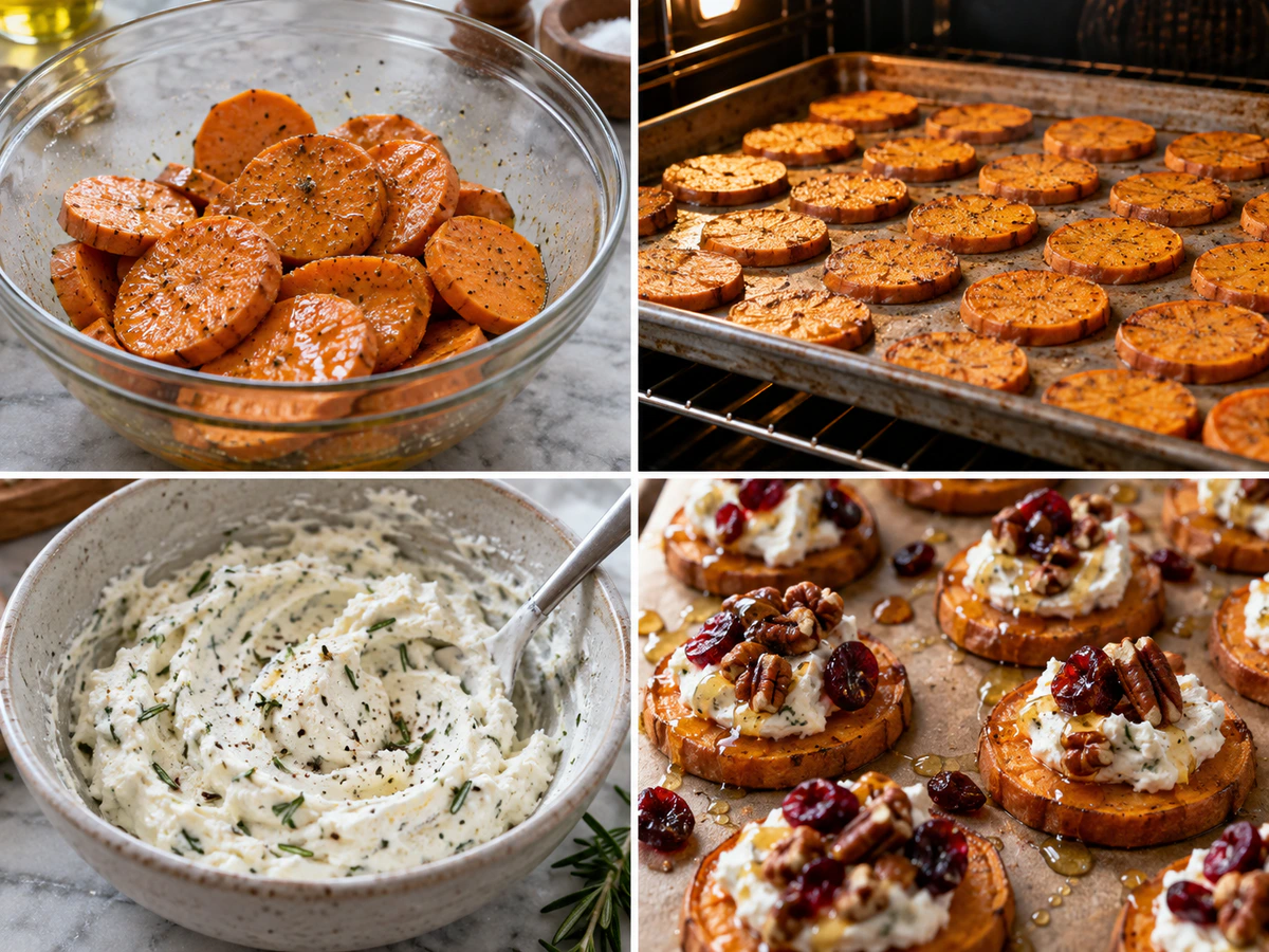 Four chronological preparation stages for Roasted Sweet Potato Rounds with Whipped Goat Cheese, Cranberries & Pecans