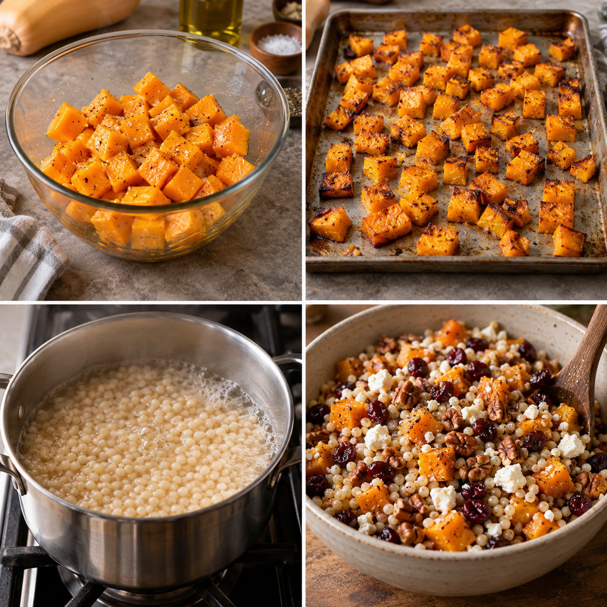 Four chronological preparation stages for Autumn Pearl Couscous Salad