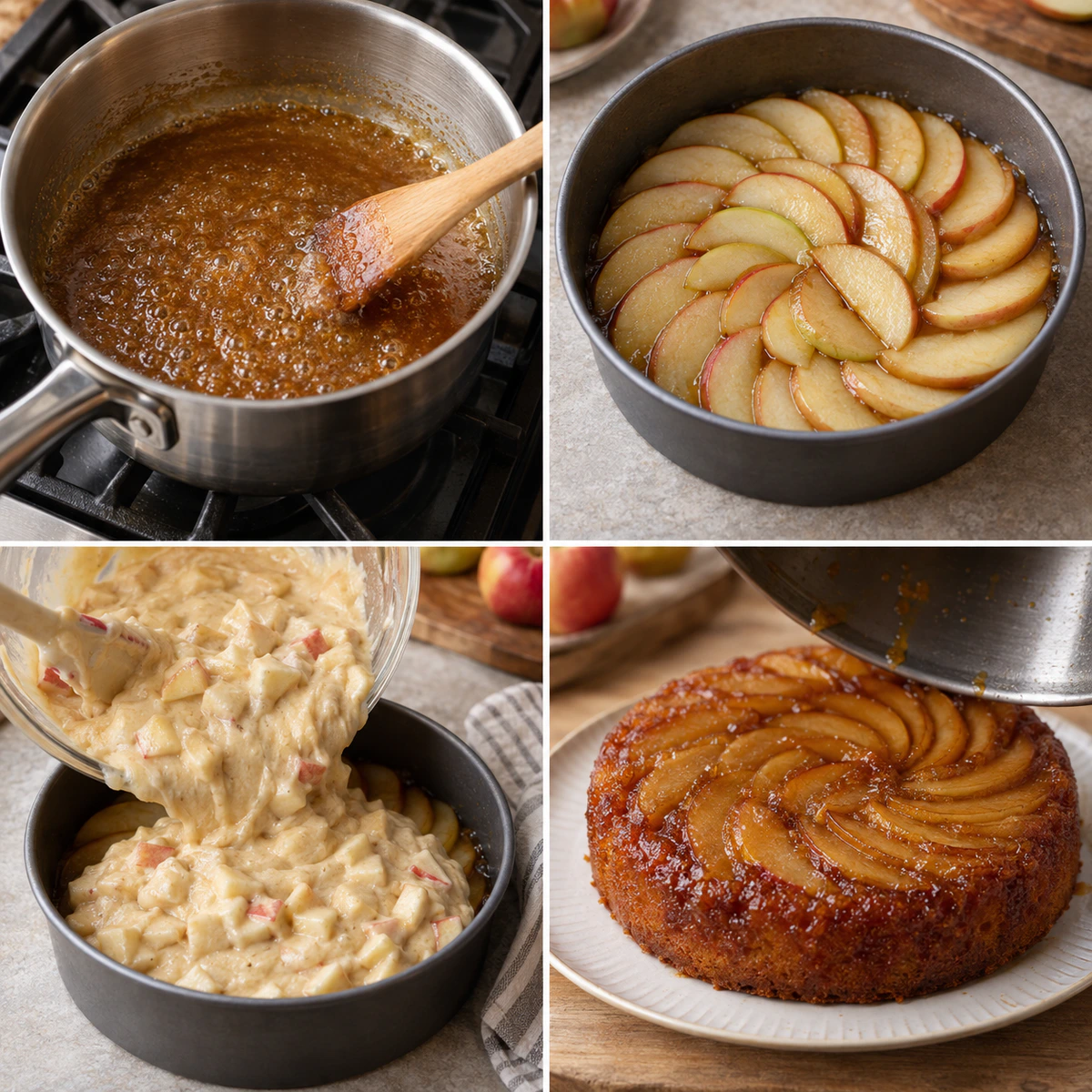 Four chronological preparation stages for Caramel Apple Upside-Down Cake
