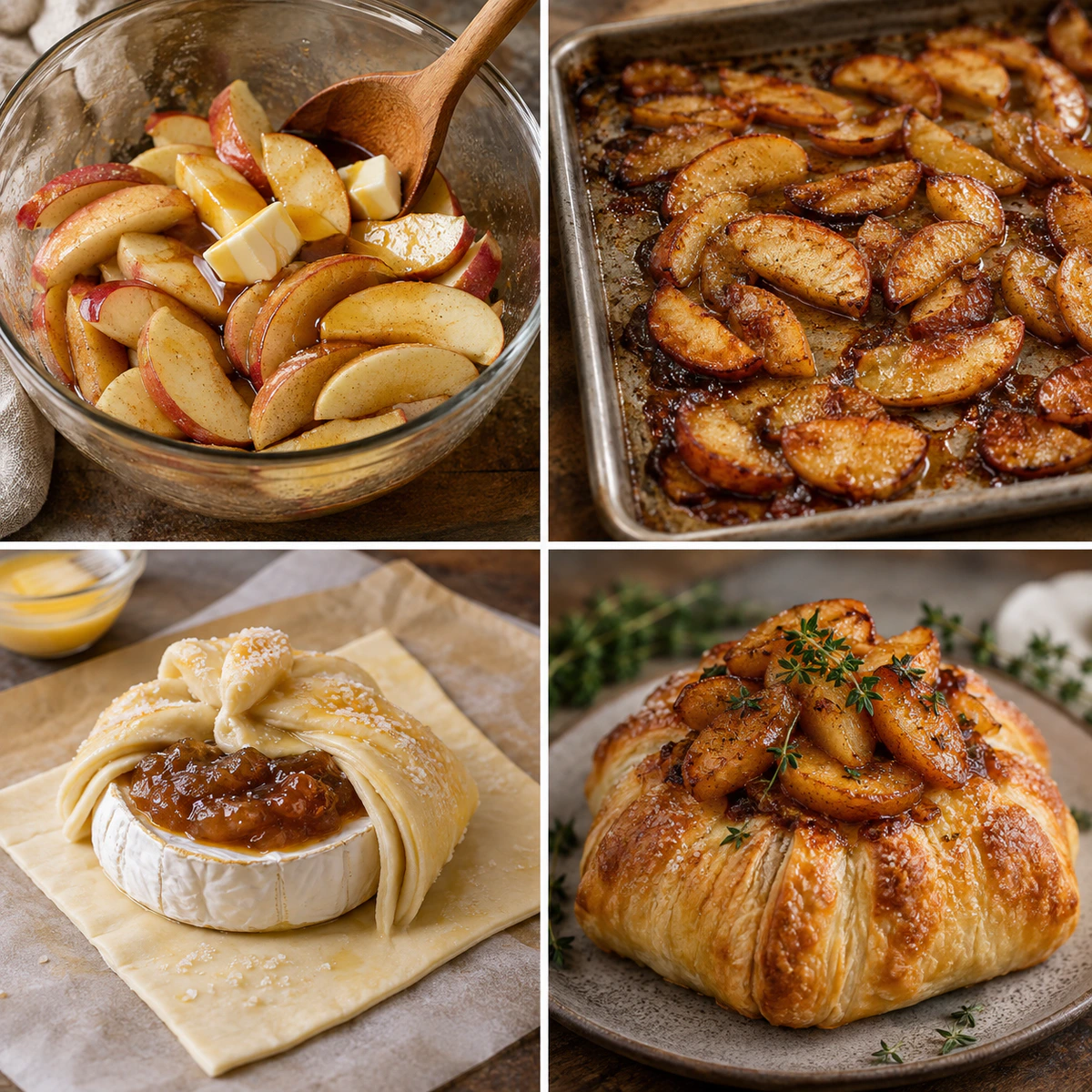 Four chronological preparation stages for Golden Baked Brie with Caramelized Apples & Thyme