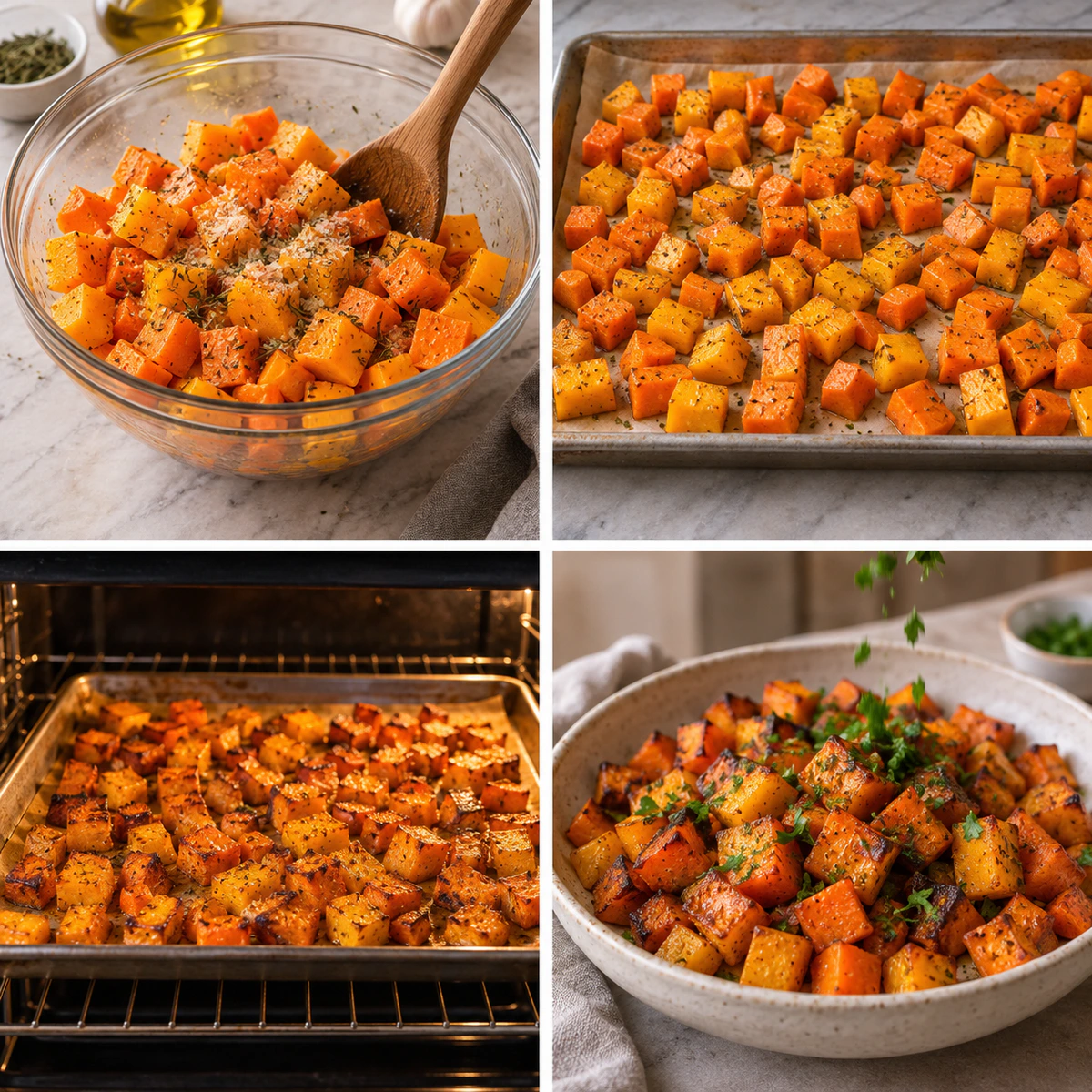 Four chronological preparation stages for Roasted Root Vegetables