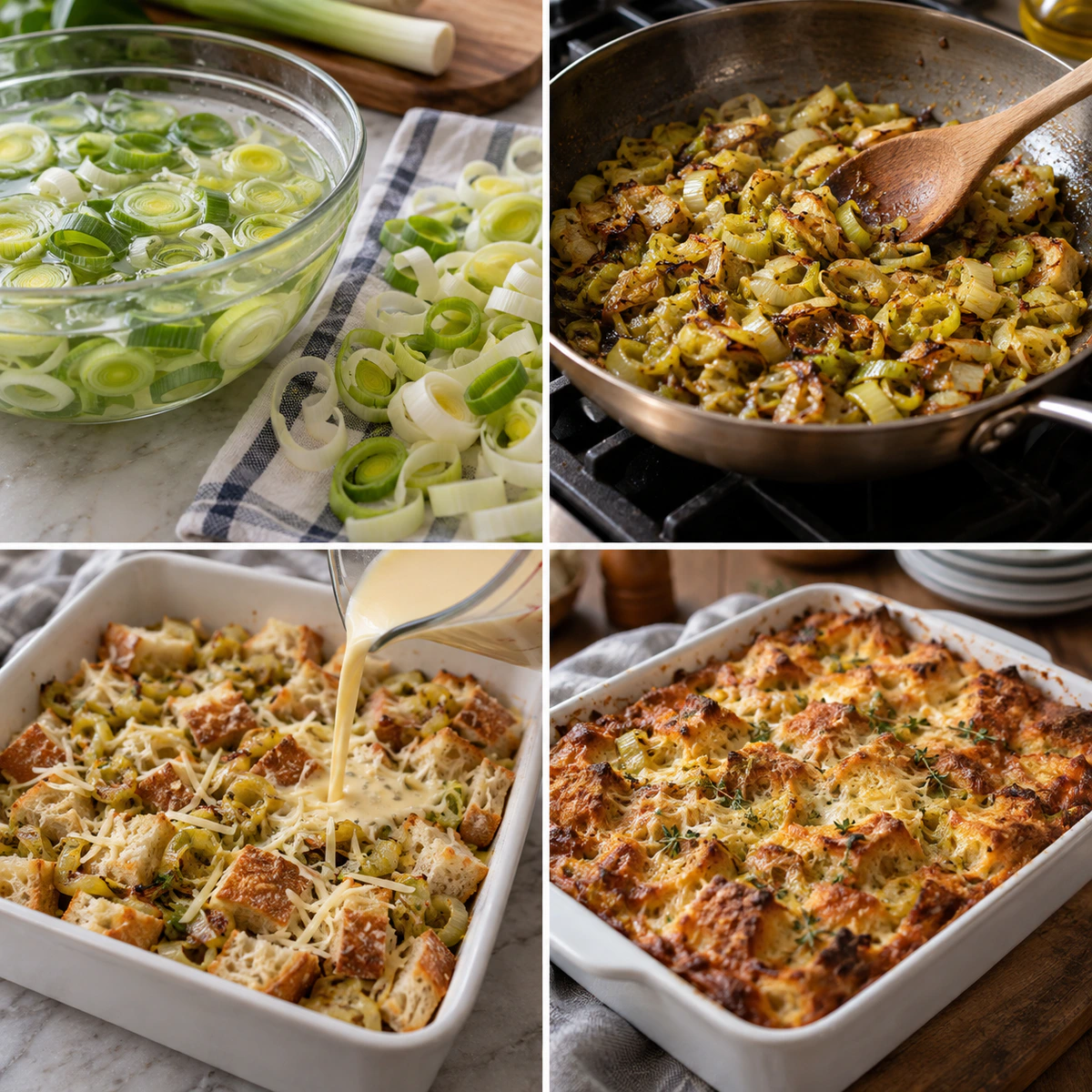 Four chronological preparation stages for Savory Leek Bread Pudding