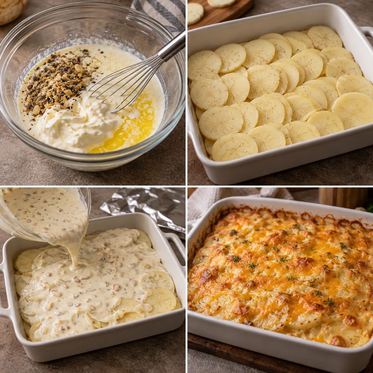 Four chronological preparation stages for French Onion Potatoes