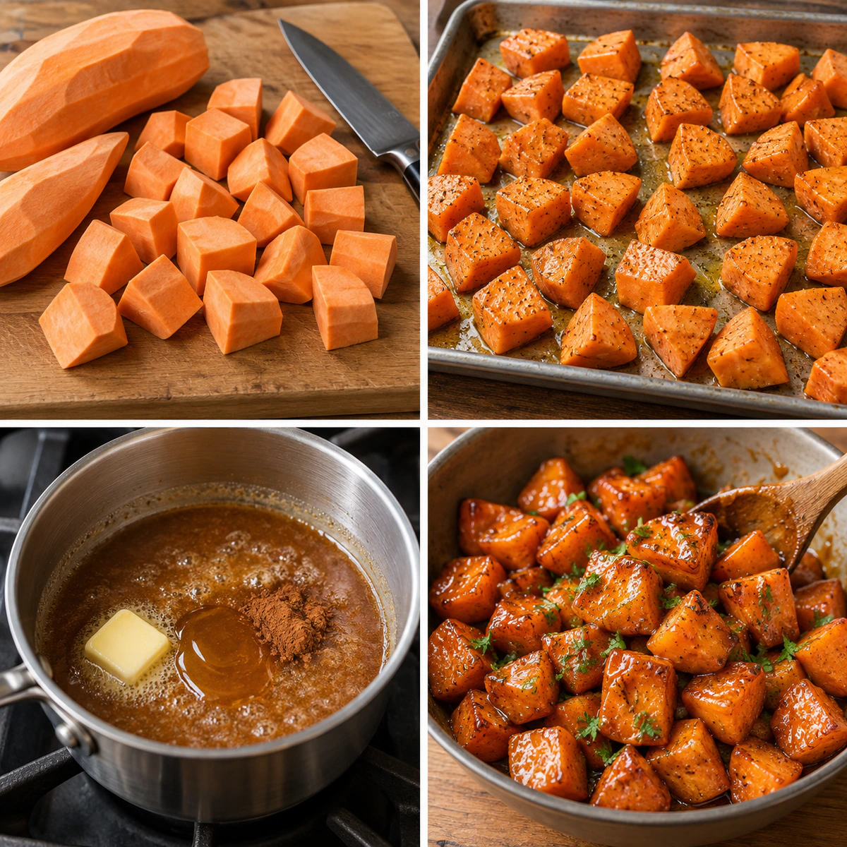 Four chronological preparation stages for Glazed Sweet Potatoes