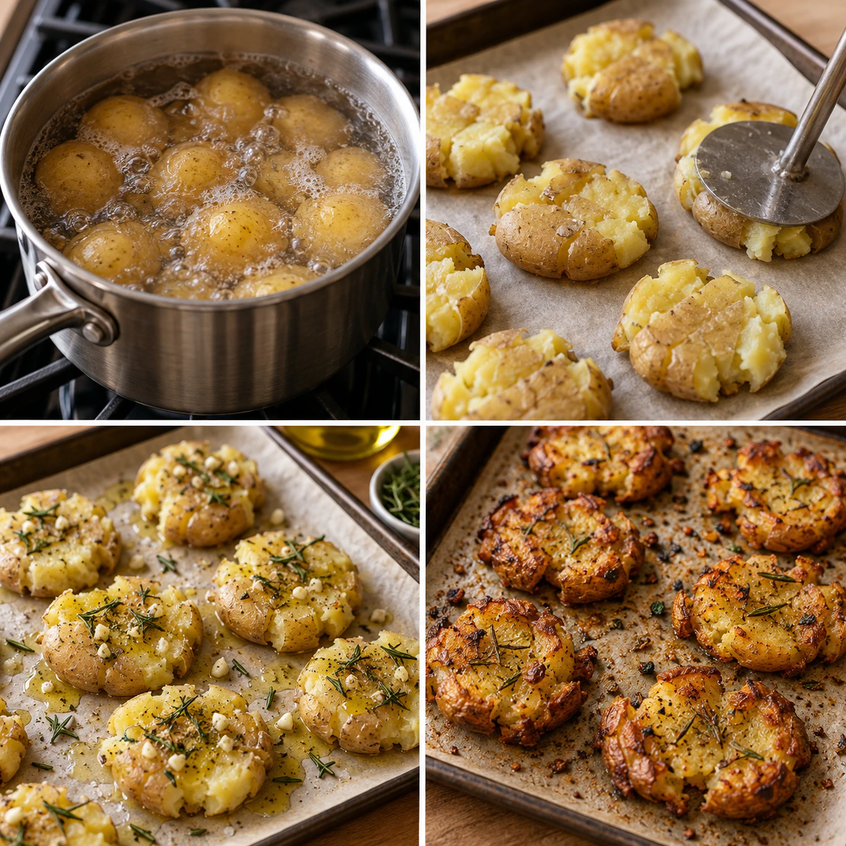 Four chronological preparation stages for Rosemary Garlic Smashed Potatoes
