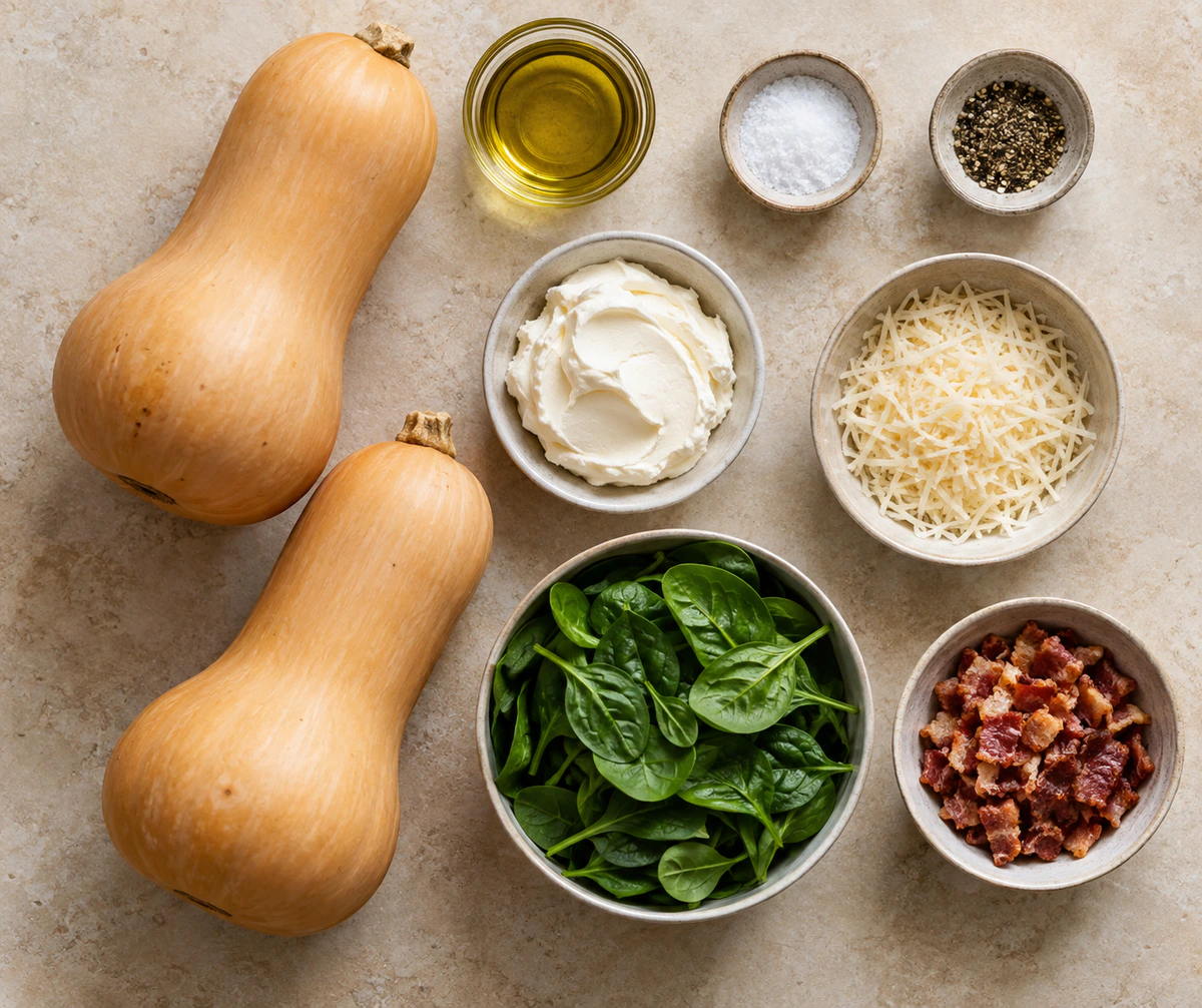 Exact measured ingredients for Stuffed Butternut Squash with Spinach, Bacon & Cheese