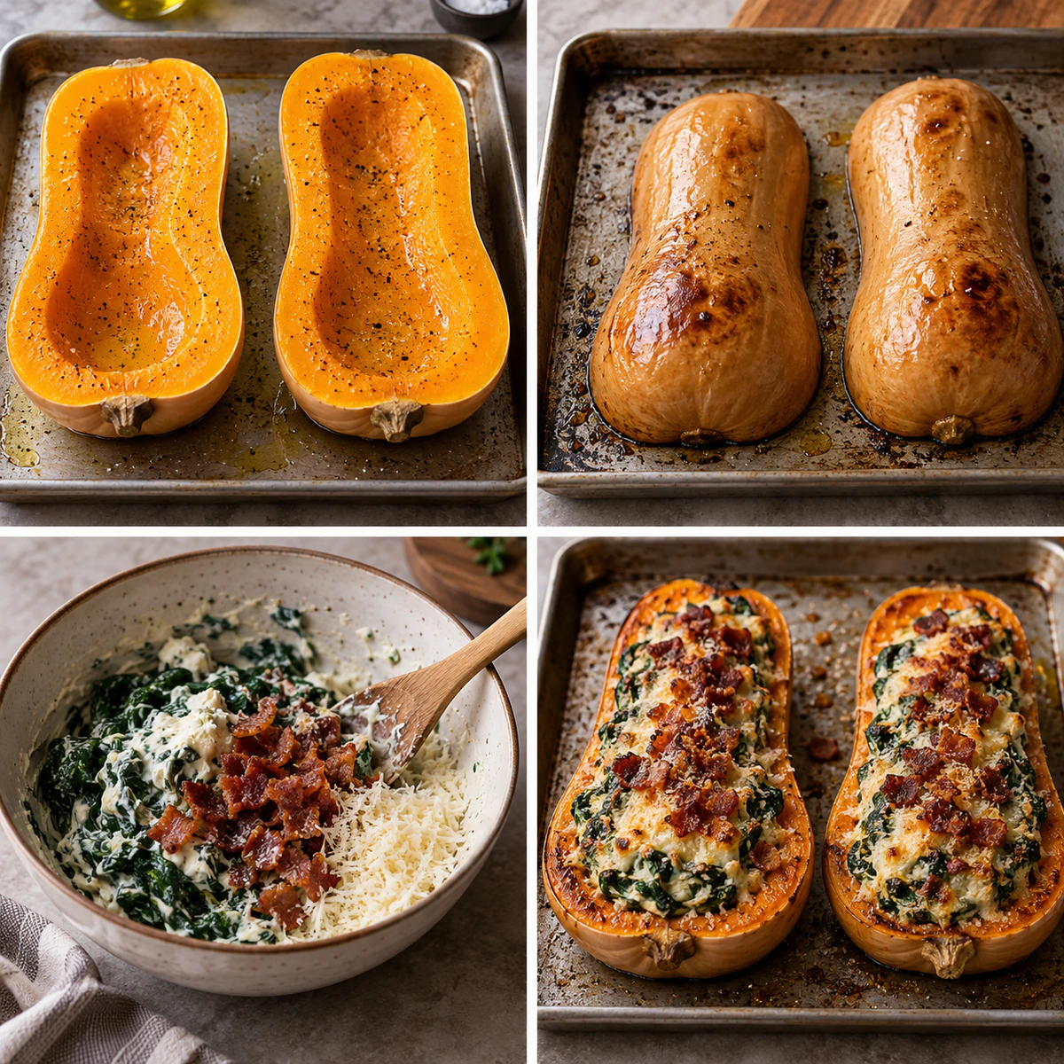 Four chronological preparation stages for Stuffed Butternut Squash with Spinach, Bacon & Cheese