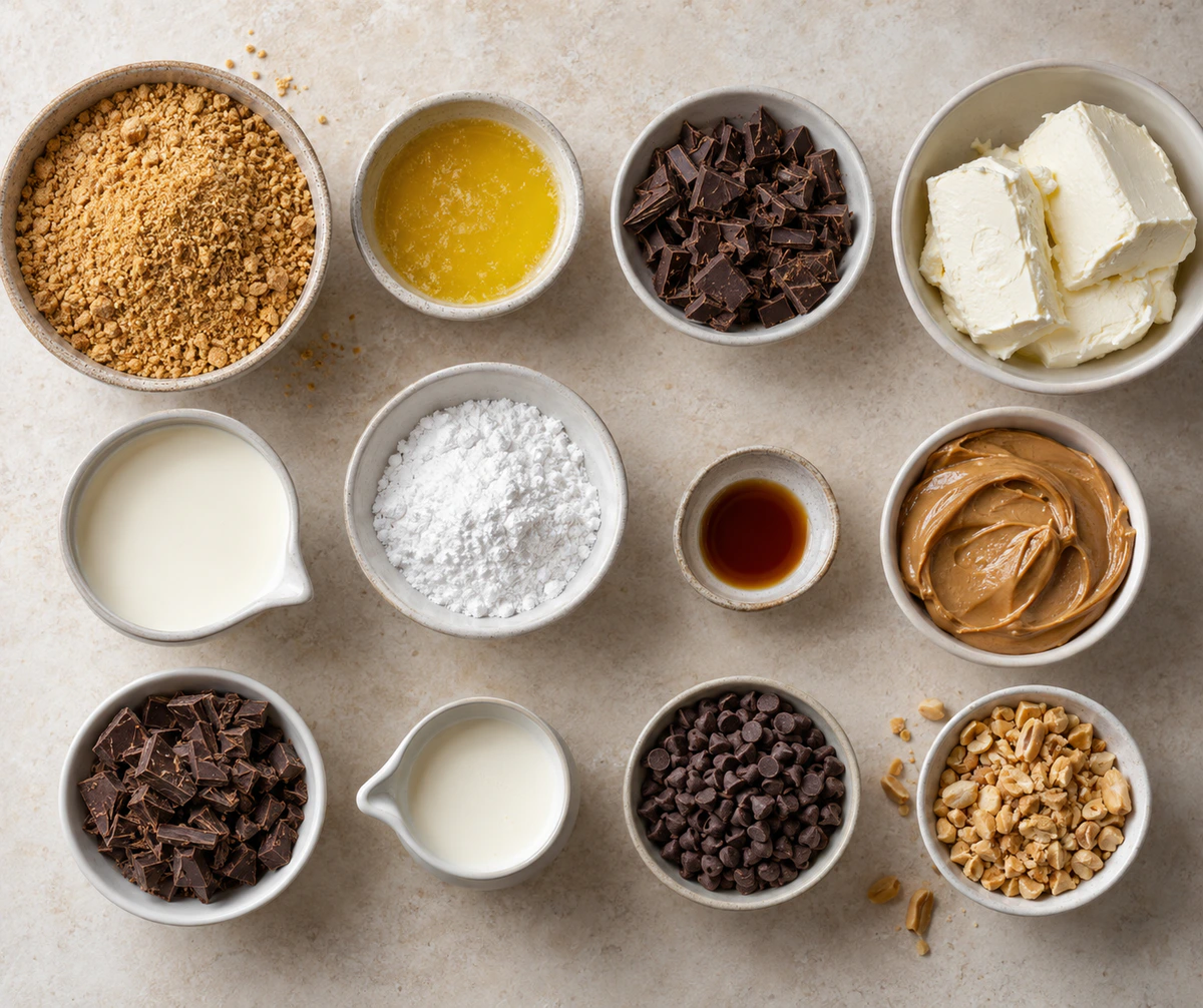 Exact measured ingredients for Chocolate Peanut Butter Mini Cheesecakes