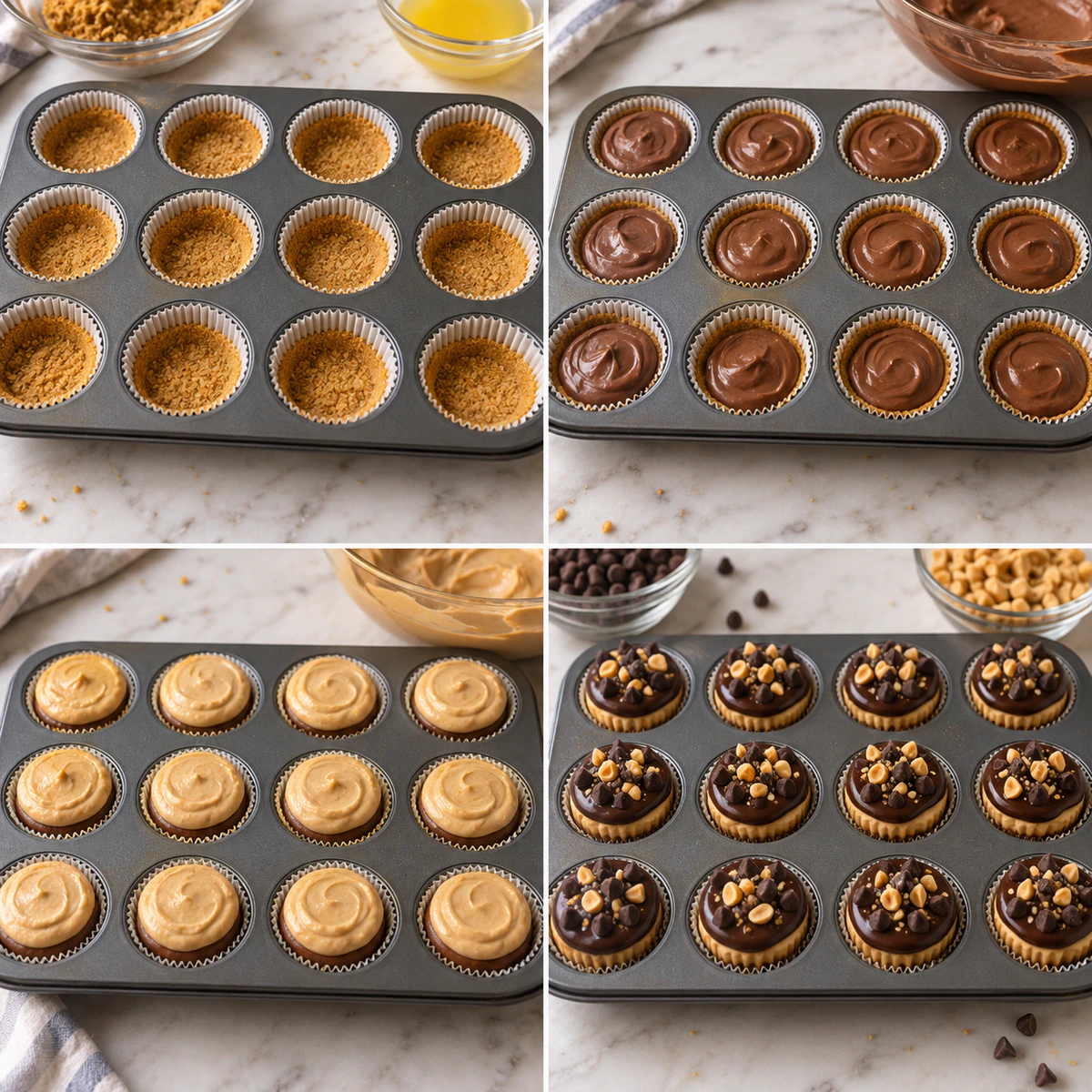 Four chronological preparation stages for Chocolate Peanut Butter Mini Cheesecakes