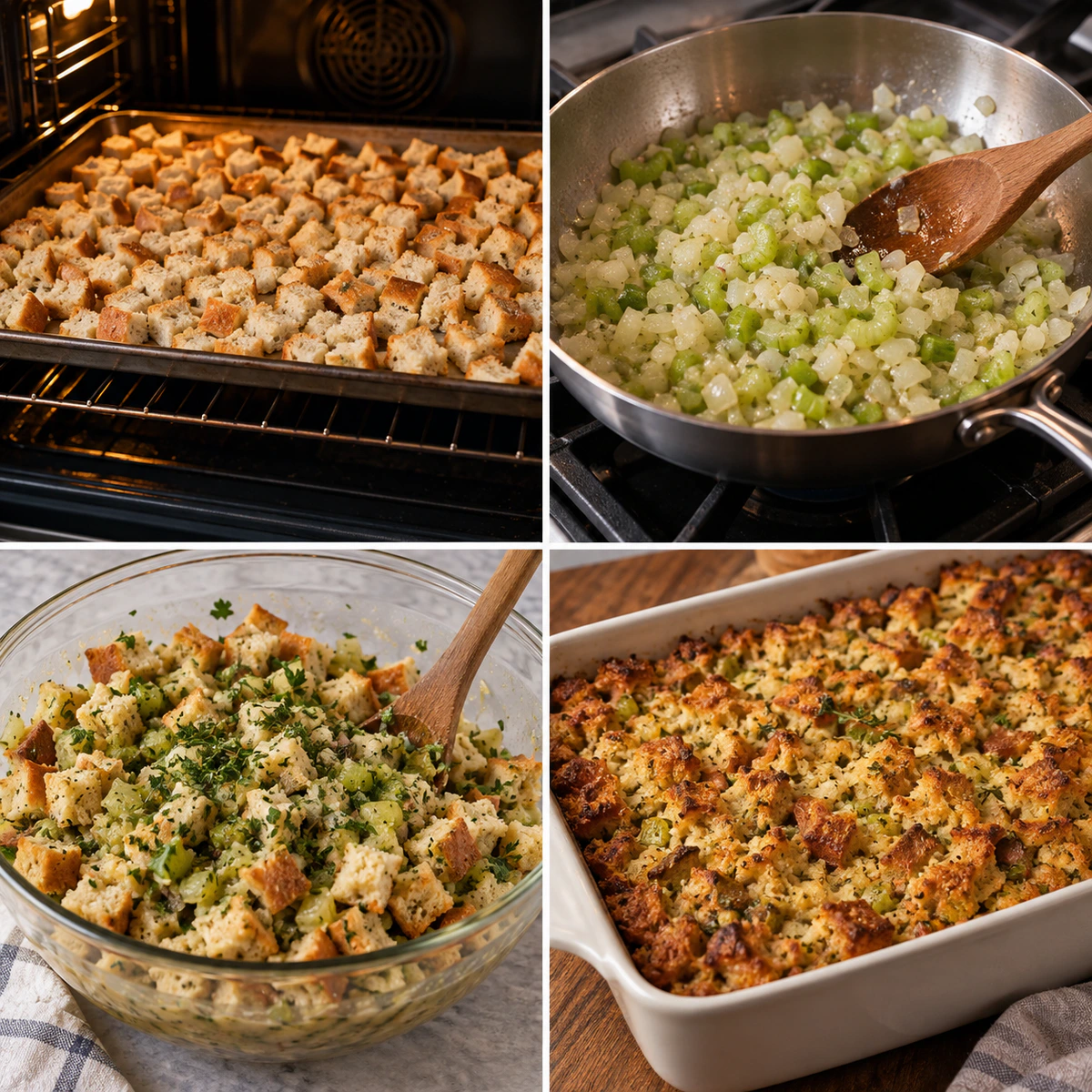 Four chronological preparation stages for Classic Thanksgiving Stuffing